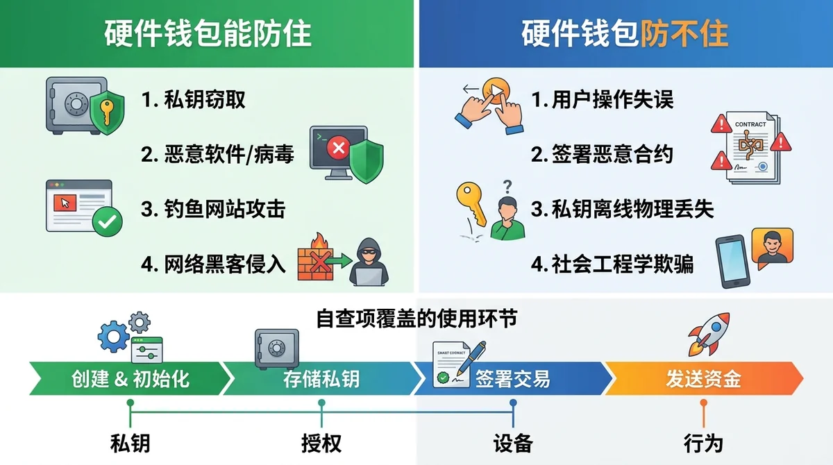 信息图：将硬件钱包“能防住”与“防不住”分左右两栏对比，并展示私钥、授权、设备、行为四类自查项覆盖的使用环节