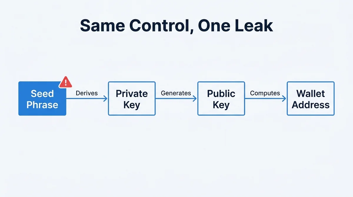 Wide 16:9 horizontal flat diagram, left-to-right flow: 'Seed Phrase' box with an arrow to 'Private Key' box, then to 'Public