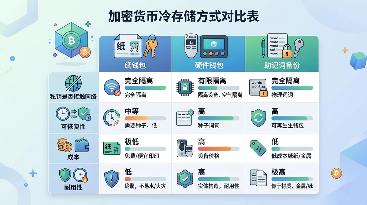 纸钱包、硬件钱包、助记词备份三种冷存储方式在私钥是否接触网络、可恢复性、成本、耐用性四个维度的对比表格图