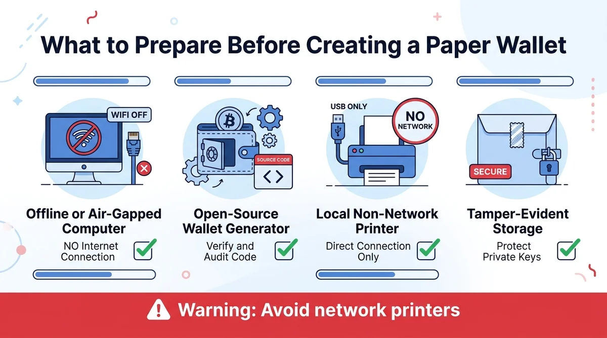 Wide 16:9 horizontal infographic checklist, four items with icons: offline or air-gapped computer, open-source wallet generat