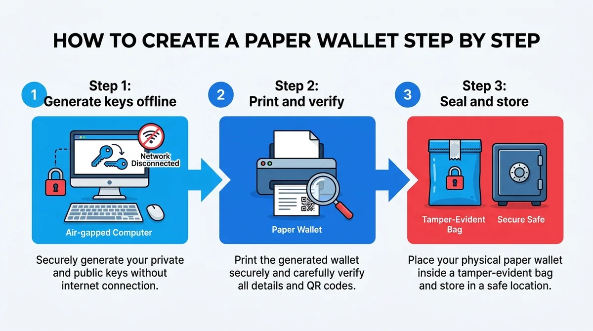 Wide 16:9 horizontal step-by-step flow diagram, three numbered steps with arrows: Step 1 Generate keys offline with air-gappe