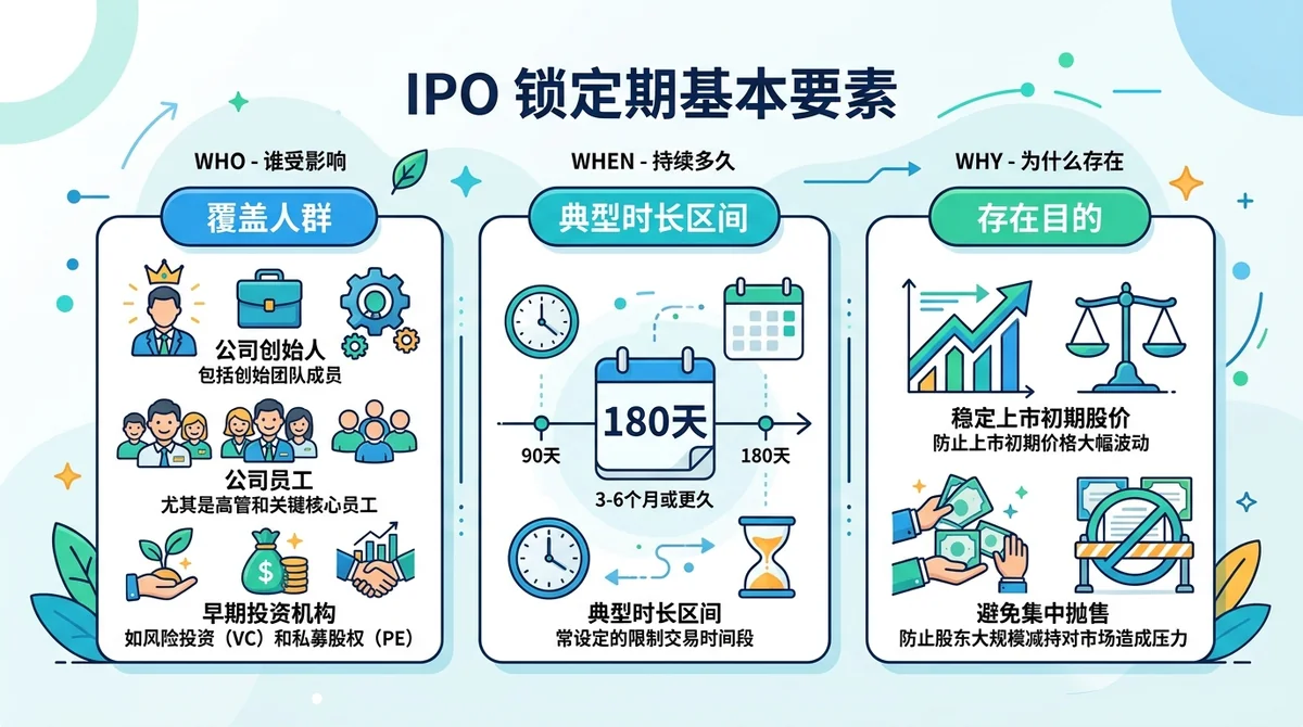 信息图展示 IPO 锁定期基本要素:覆盖人群(创始人、员工、早期投资机构)、典型时长区间、存在目的(稳定上市初期股价、避免集中抛售),用图标加文字块呈现