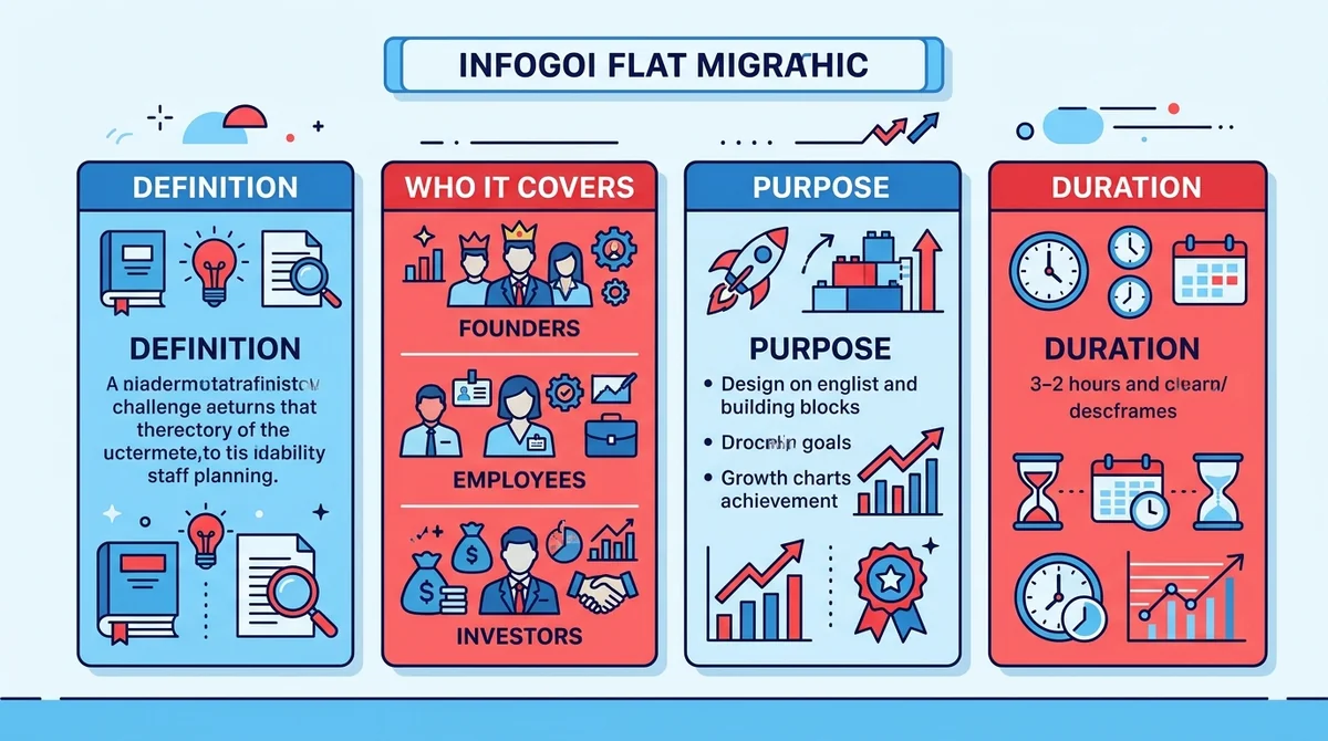 Wide 16:9 horizontal infographic, four labeled blocks in English: Definition, Who It Covers, Purpose, Duration, simple flat i