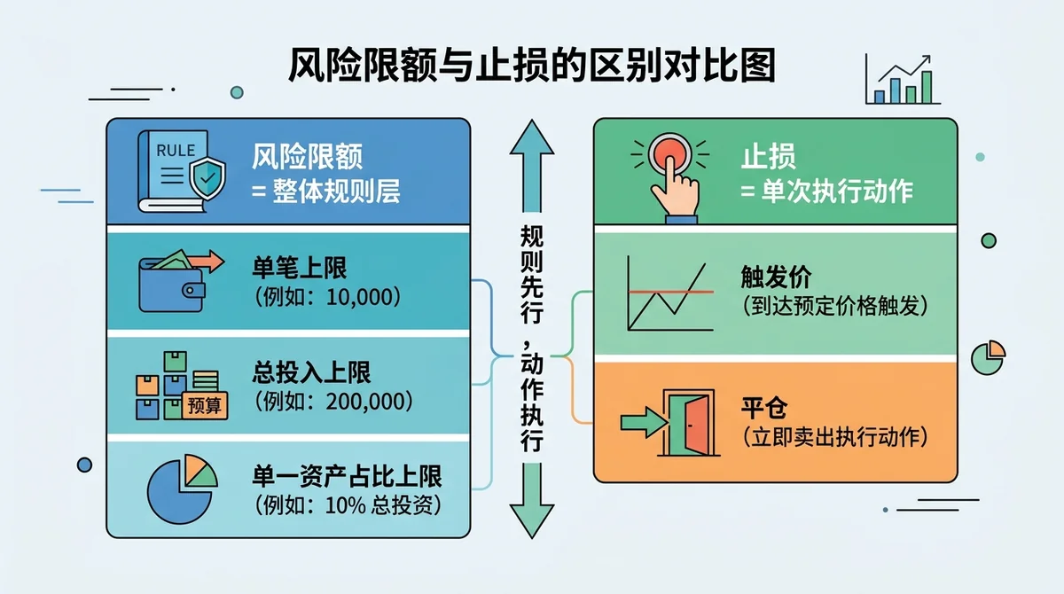 风险限额与止损的区别对比图：左右两栏对照，左侧'风险限额=整体规则层'（单笔上限/总投入上限/单一资产占比上限），右侧'止损=单次执行动作'（触发价、平仓），中间标注'规则先行，动作执行'