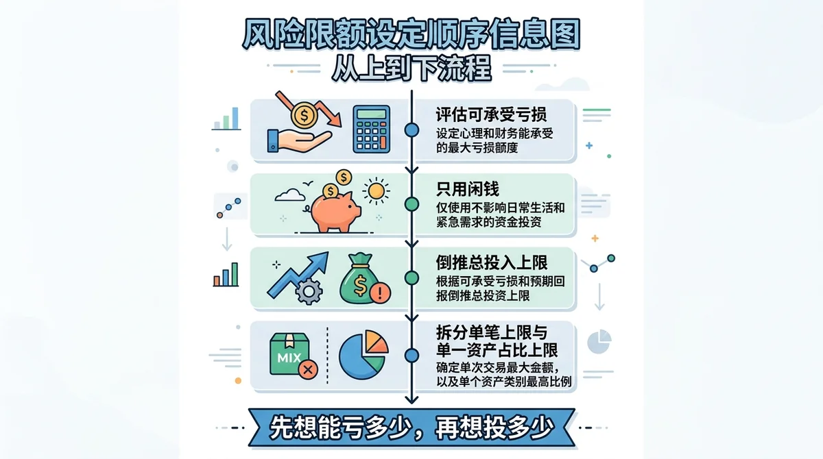 风险限额设定顺序信息图：从上到下流程——评估可承受亏损→只用闲钱→倒推总投入上限→拆分单笔上限与单一资产占比上限，每步配简洁图标，底部结论'先想能亏多少，再想投多少'