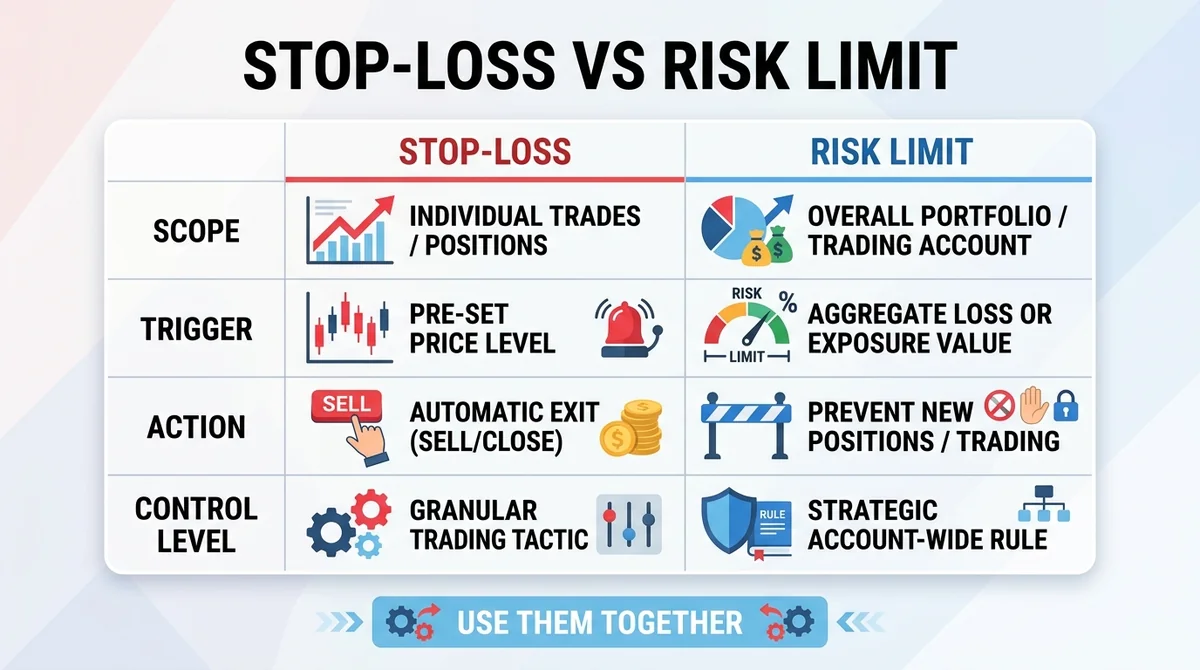 Wide 16:9 horizontal comparison table, two columns labeled Stop-Loss and Risk Limit, rows for Scope, Trigger, Action, Control