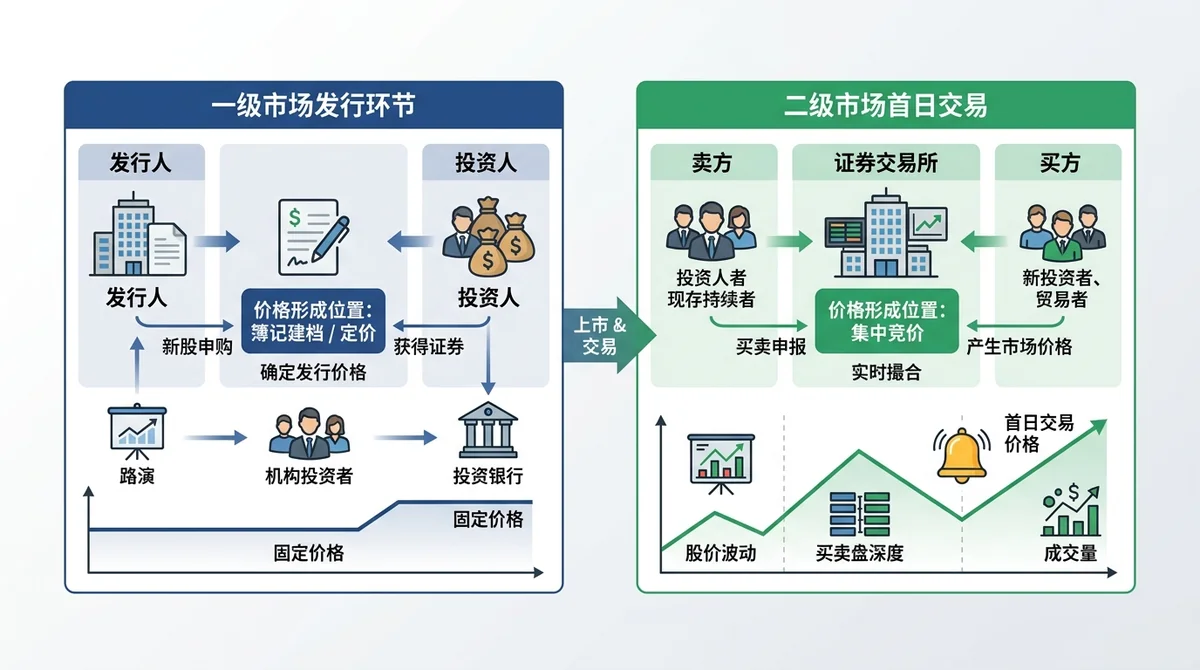 概念示意图：区分一级市场发行环节与二级市场首日交易两个阶段，用左右两个区块表示价格形成位置