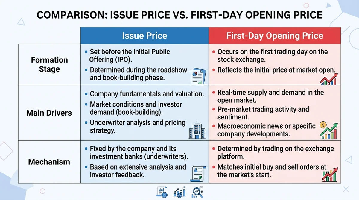 Wide 16:9 horizontal comparison table, two columns titled 'Issue Price' and 'First-Day Opening Price', rows for 'Formation St