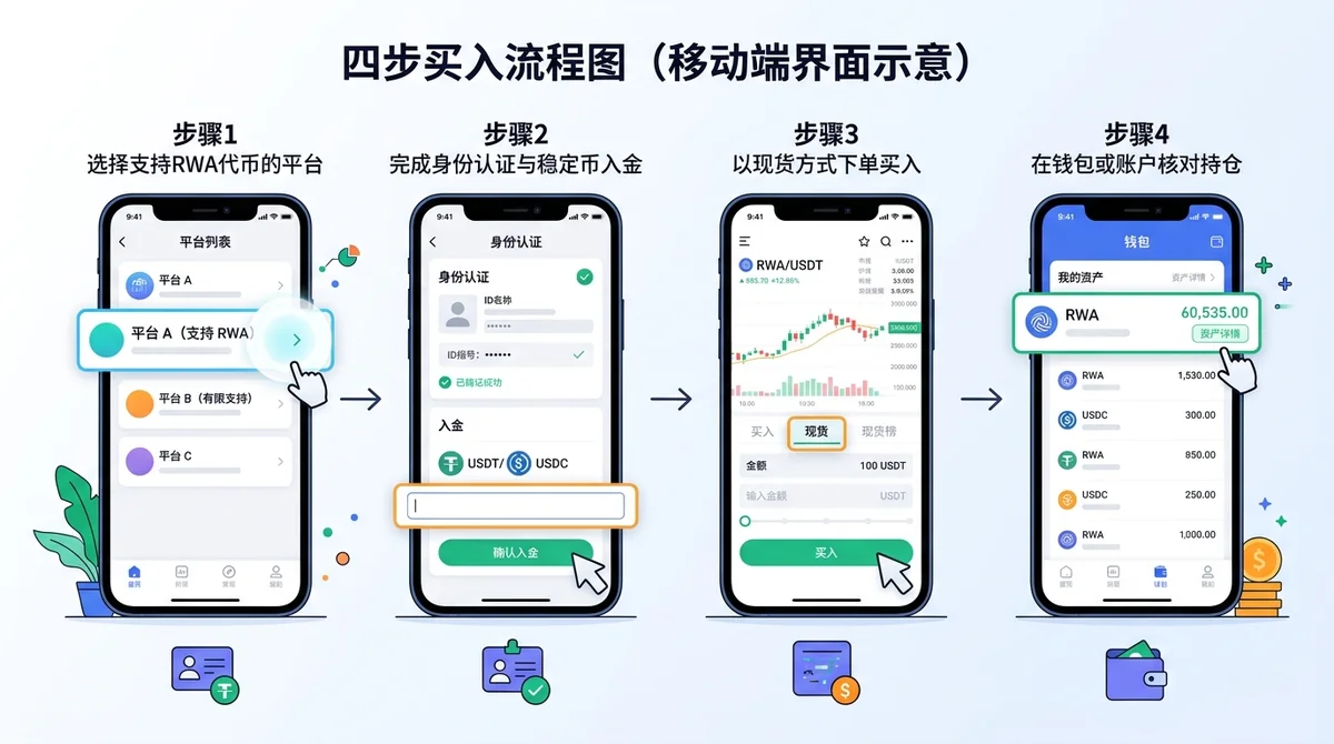 四步买入流程图（移动端界面示意）：步骤1选择支持RWA代币的平台、步骤2完成身份认证与稳定币入金、步骤3以现货方式下单买入、步骤4在钱包或账户核对持仓，每步配手机界面示意与高亮标注