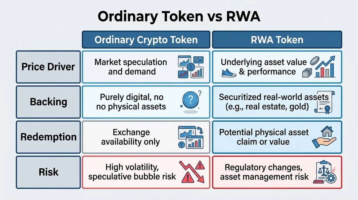 Wide 16:9 horizontal comparison table infographic, two columns labeled in English 'Ordinary Crypto Token' and 'RWA Token', ro