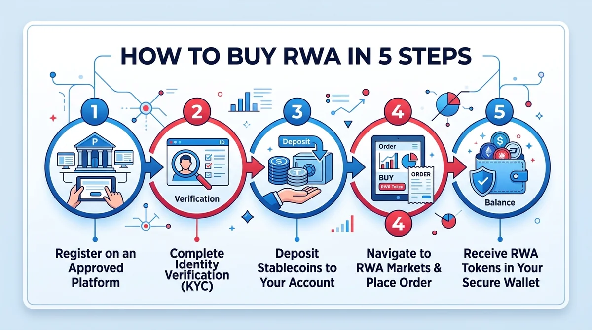 Wide 16:9 horizontal step-by-step flow infographic with five numbered nodes connected by arrows, flat icons for platform, ID