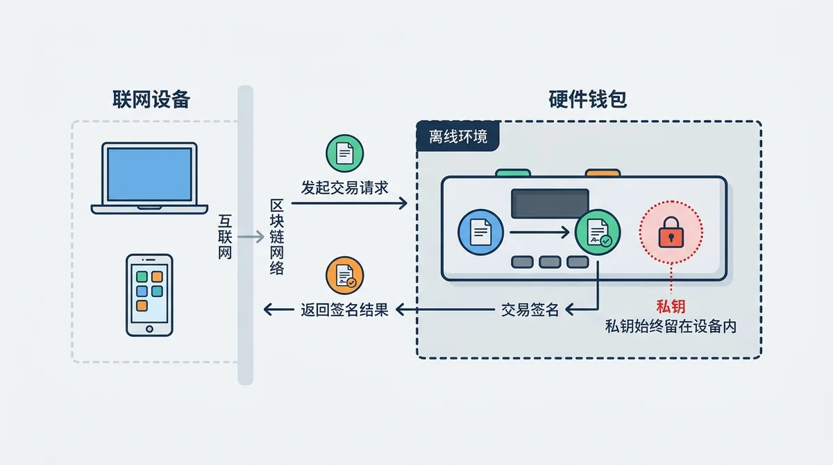 硬件钱包工作原理示意图：左侧为联网设备（电脑/手机 App），右侧为离线硬件设备，中间用箭头表示交易请求发送到设备、设备内签名、签名结果返回，并标注“私钥始终留在设备内”