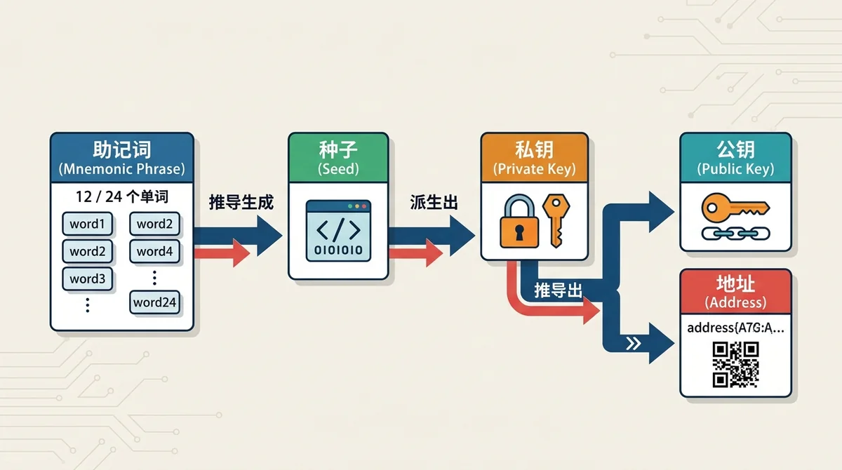 私钥与助记词关系图：助记词（12/24 个单词）通过推导生成种子，种子派生出私钥，私钥再推导出公钥和地址，用单向箭头强调不可逆关系
