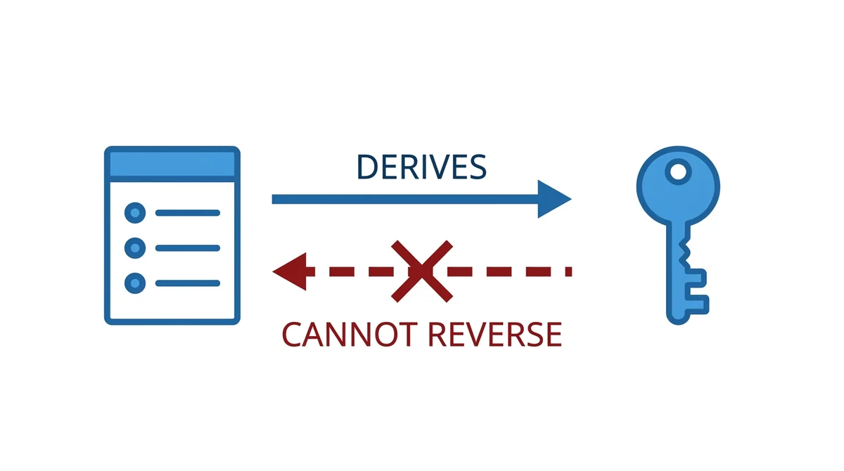 Clean flat minimal diagram, a word-list icon on the left and a key icon on the right, a solid arrow pointing left to right la