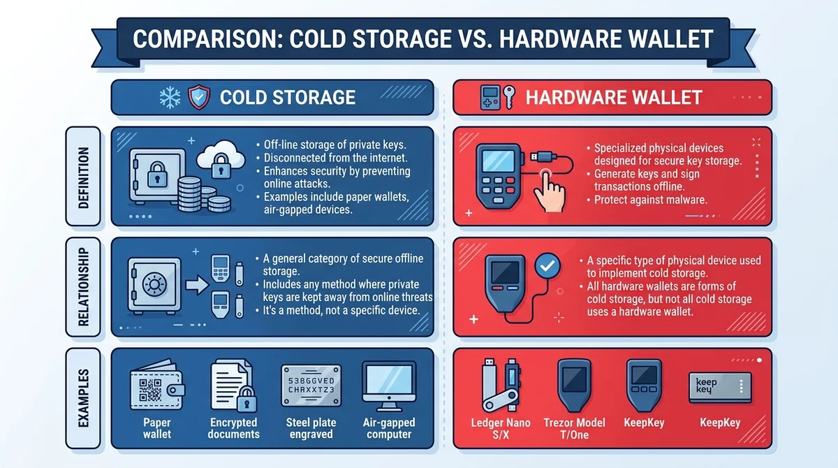 Wide 16:9 horizontal comparison table infographic, two columns titled Cold Storage and Hardware Wallet, rows for Definition,