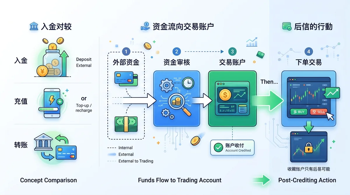 入金概念示意图：对比“入金 / 充值 / 转账”三个概念的差异，并用箭头展示资金从外部进入交易账户、到账后才能下单的关系
