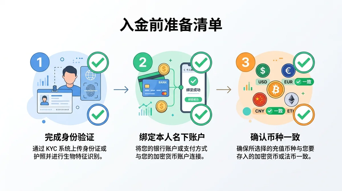 入金前准备清单信息图：按顺序列出完成身份验证、绑定本人名下账户、确认币种一致三项准备，每项配勾选图标