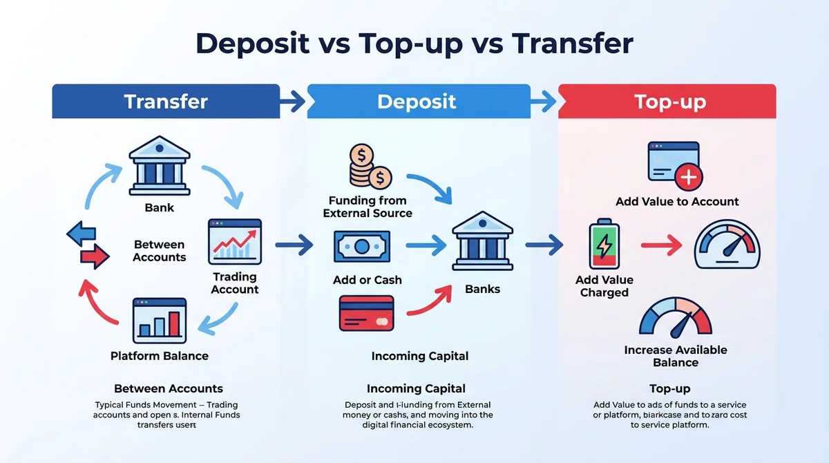 Wide 16:9 horizontal infographic, three columns labeled 'Transfer', 'Deposit', 'Top-up', connected by left-to-right arrows sh