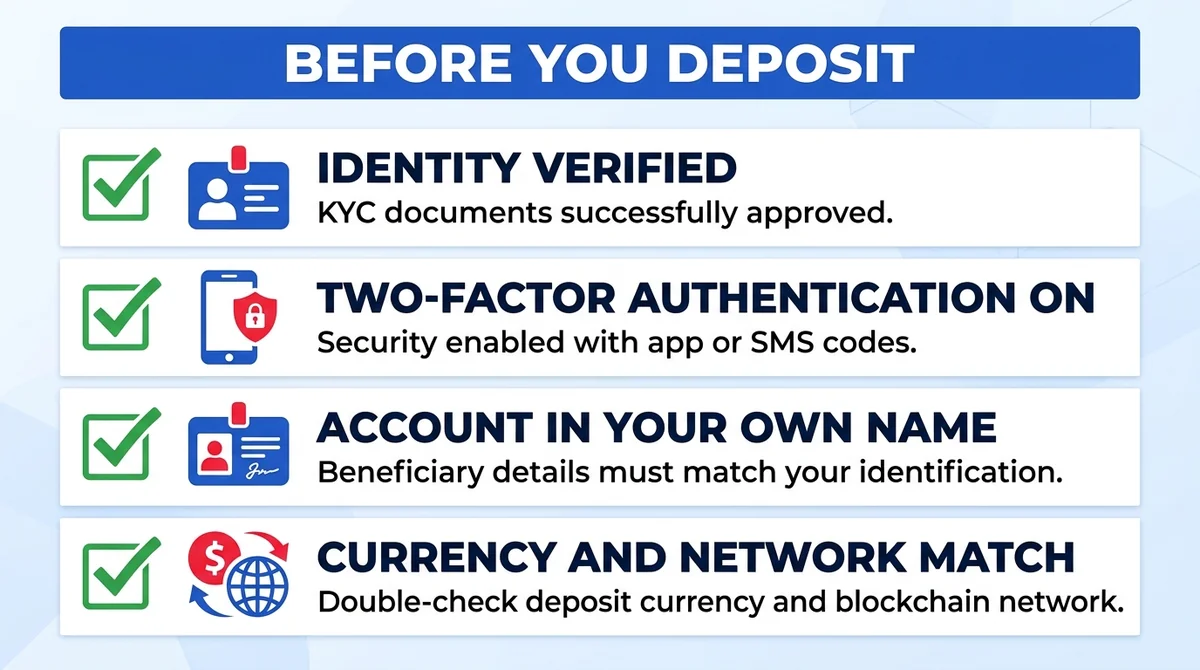 Wide 16:9 horizontal flat checklist graphic, four checkmark rows labeled 'Identity verified', 'Two-factor authentication on',