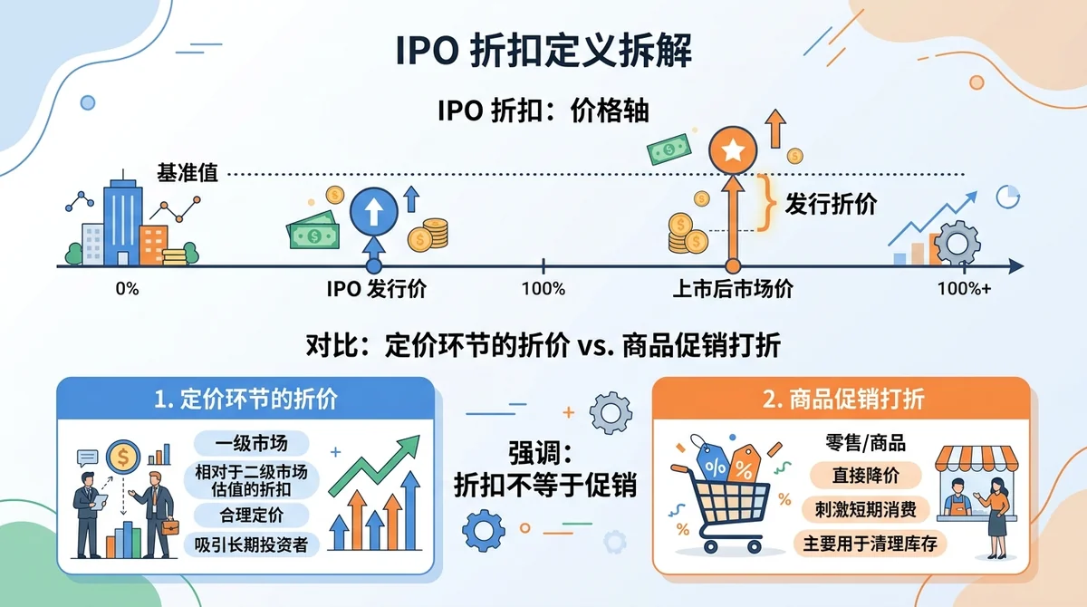 IPO 折扣定义拆解信息图:上半部分用价格轴展示发行价、上市后市场价与两者差额,下半部分用对比框区分「定价环节的折价」与「商品促销打折」,强调折扣不是促销