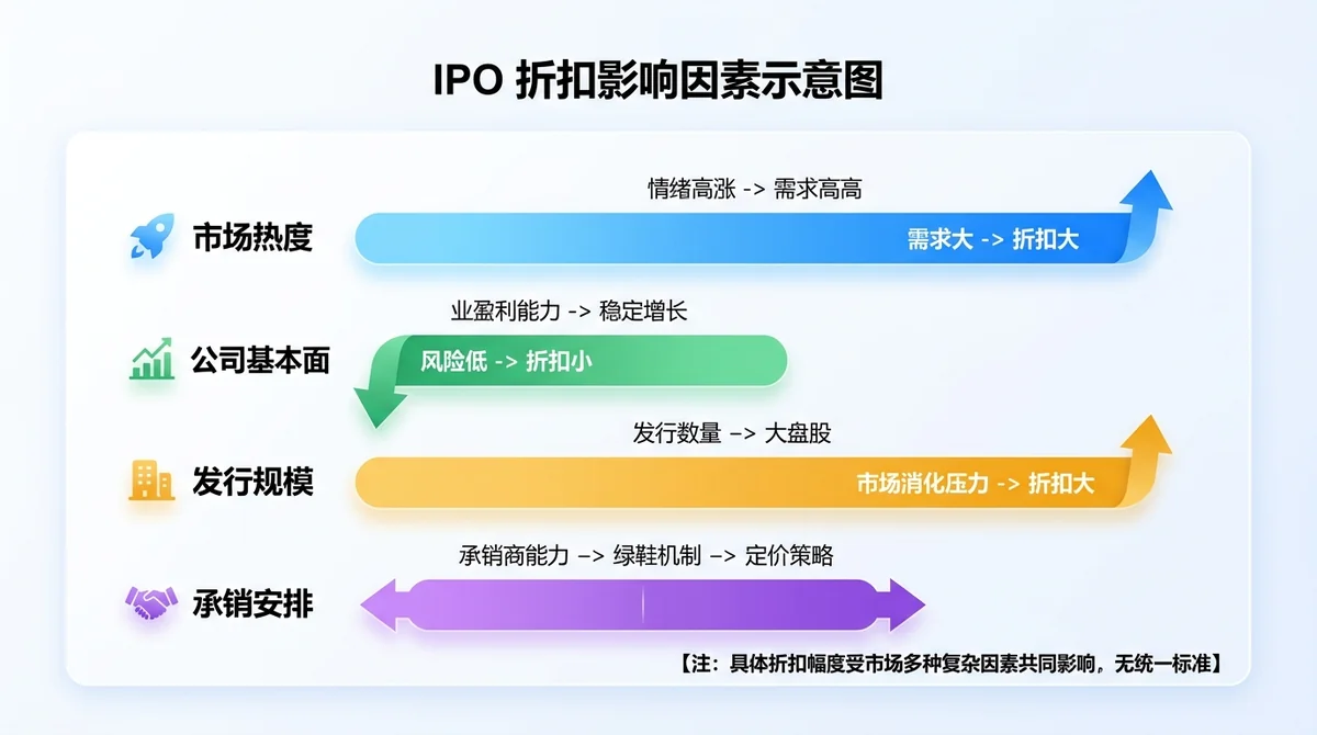 IPO 折扣影响因素示意图:用横向条形图/权重示意展示市场热度、公司基本面、发行规模与承销安排四类因素对折扣幅度的影响方向,标注「无统一标准」