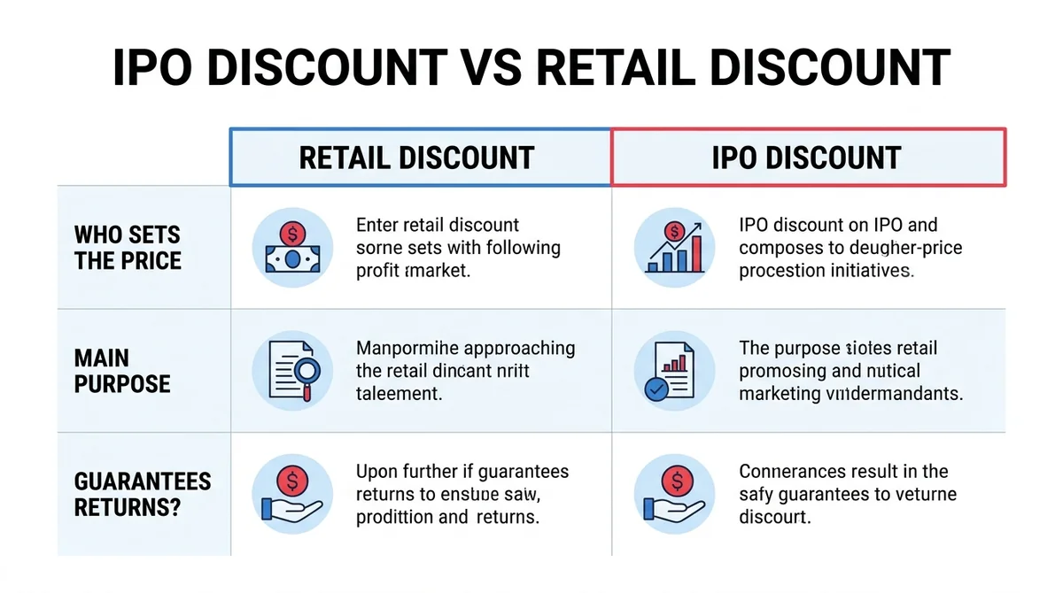 Wide 16:9 horizontal comparison table infographic, two columns titled 'Retail Discount' and 'IPO Discount', three rows labele