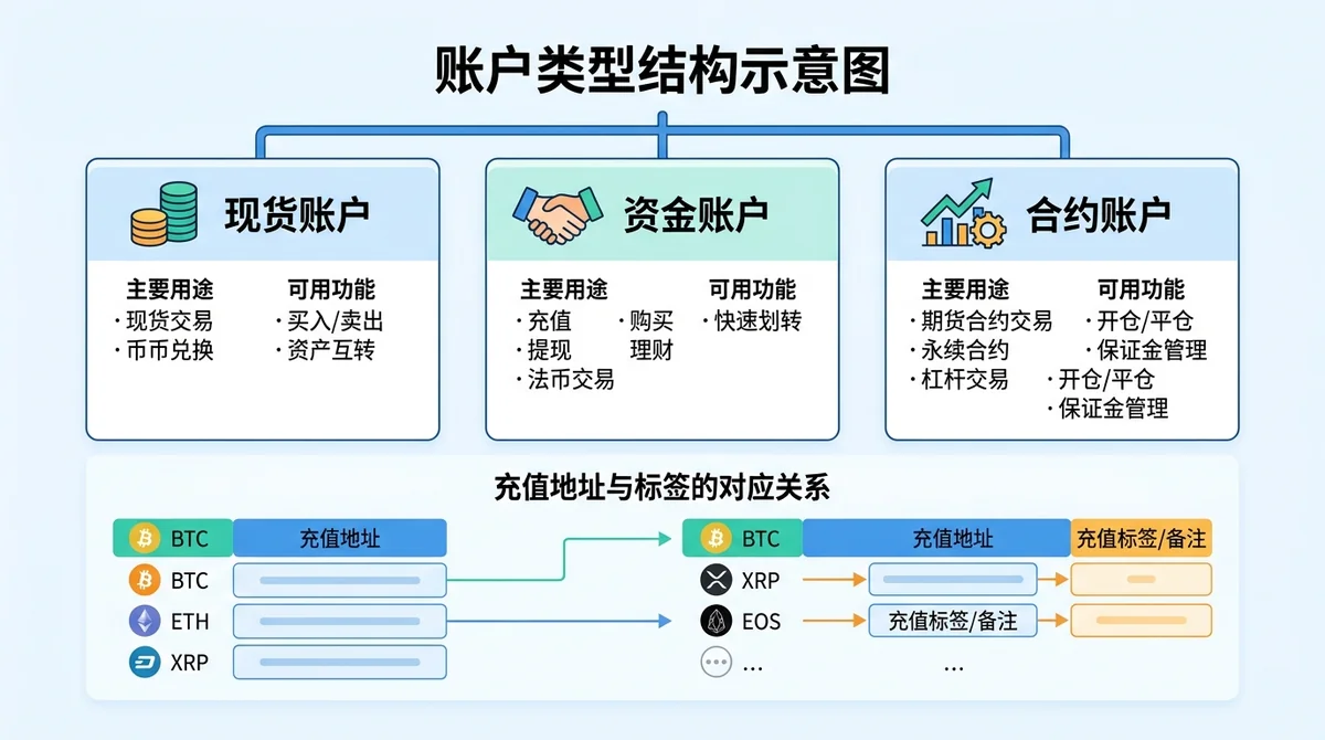 账户类型结构示意图：现货账户、资金账户、合约账户三个子账户并列，标注各自用途与可用功能，下方标注充值地址与标签的对应关系