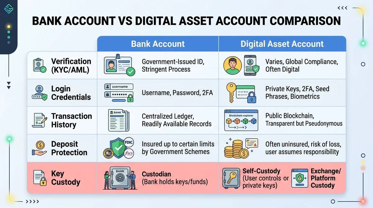 Wide 16:9 horizontal comparison table infographic, two columns labeled 'Bank Account' and 'Digital Asset Account', five rows