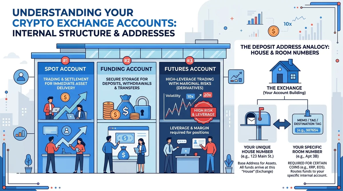 Wide 16:9 horizontal infographic, a flat-style building divided into three labeled rooms 'Spot Account', 'Funding Account' an