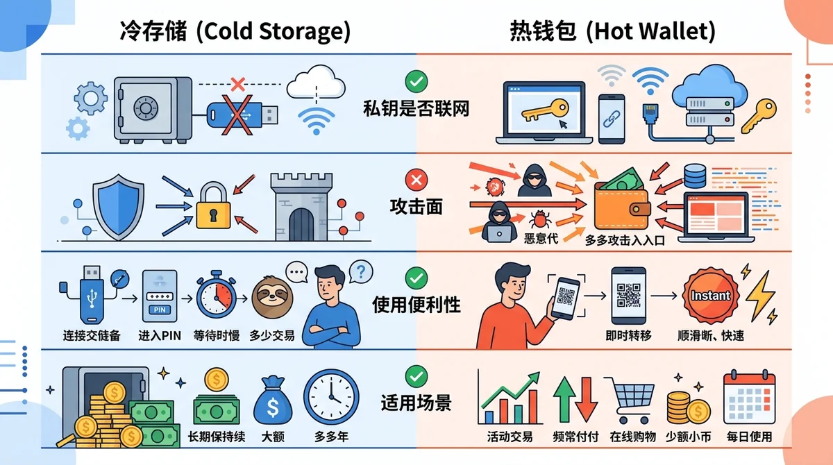 冷存储与热钱包对比表:从私钥是否联网、攻击面、使用便利性、适用场景四个维度并列对比