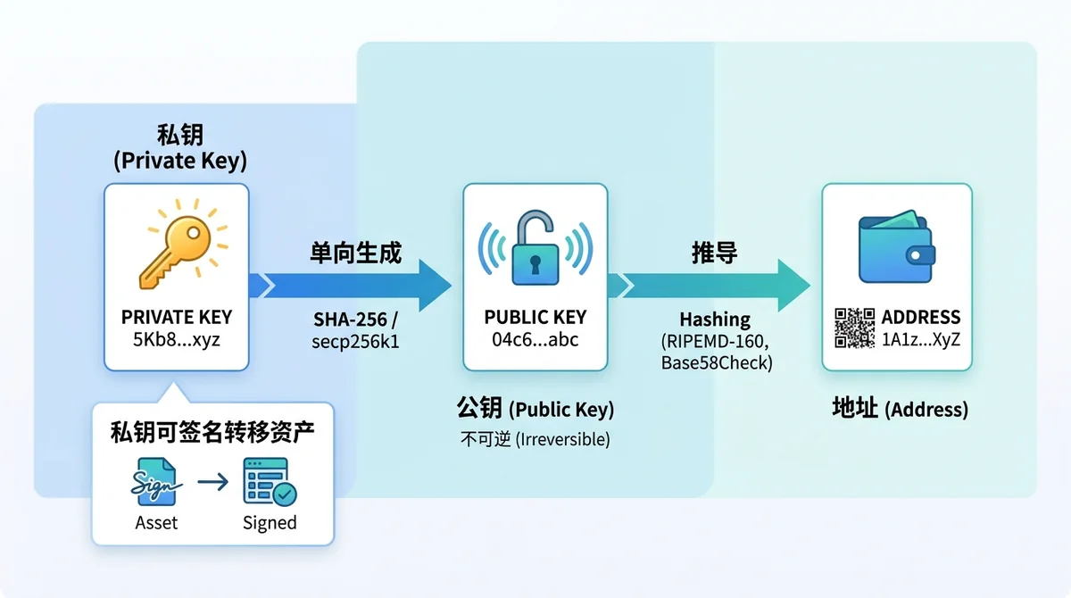私钥、公钥与地址的推导关系示意图:私钥单向生成公钥、公钥推导地址,并标注'私钥可签名转移资产'