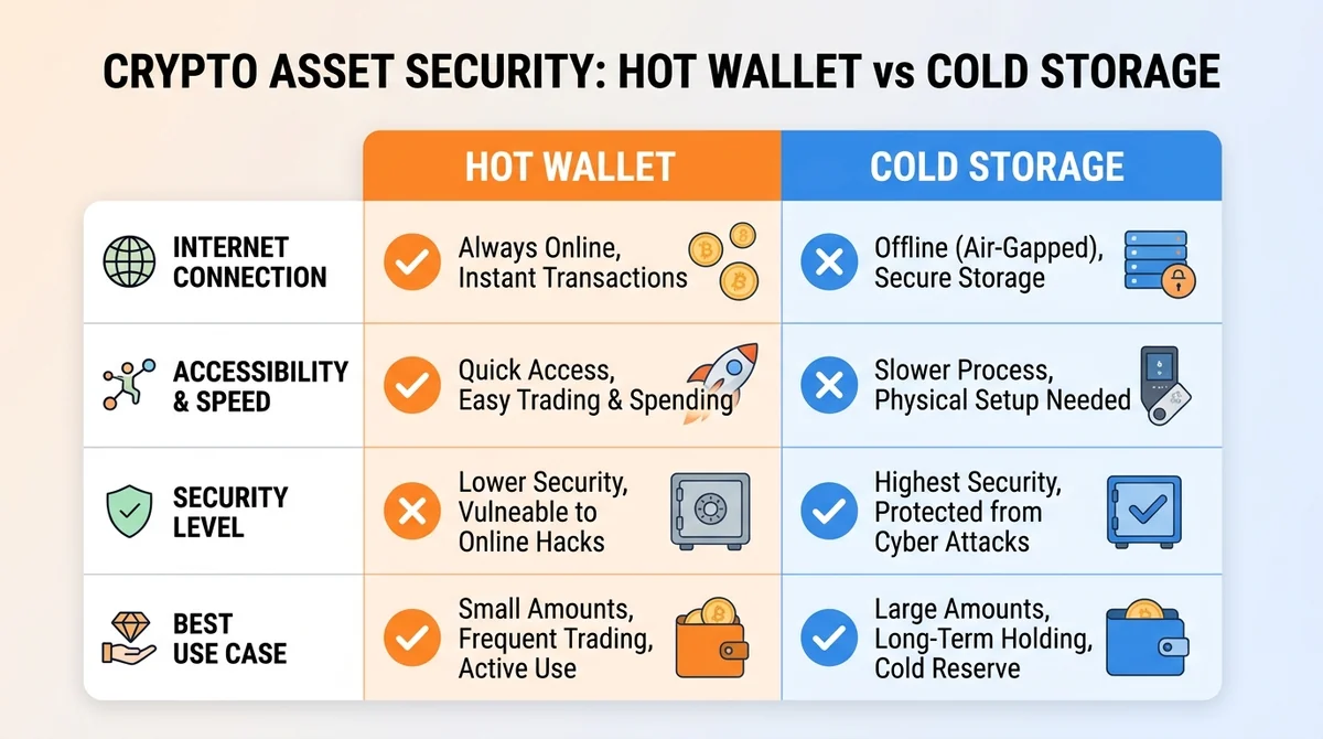 Wide 16:9 horizontal comparison table infographic, two columns labeled Hot Wallet and Cold Storage, four rows of criteria wit