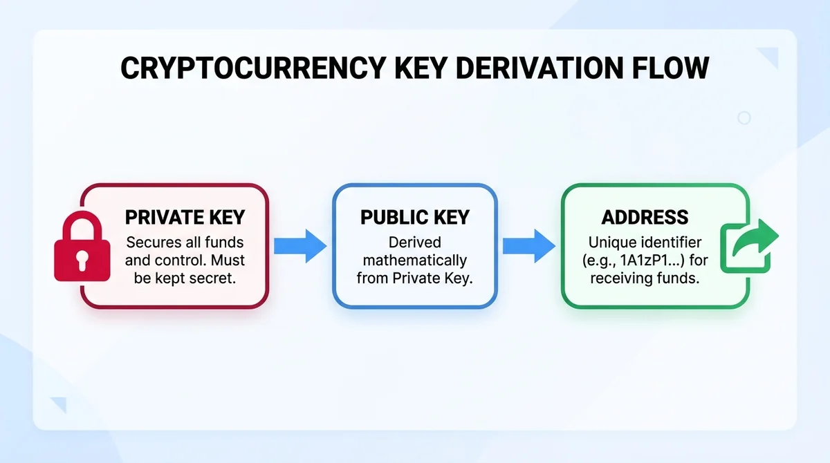 Wide 16:9 horizontal flow diagram, three connected nodes labeled Private Key, Public Key, Address with arrows showing derivat