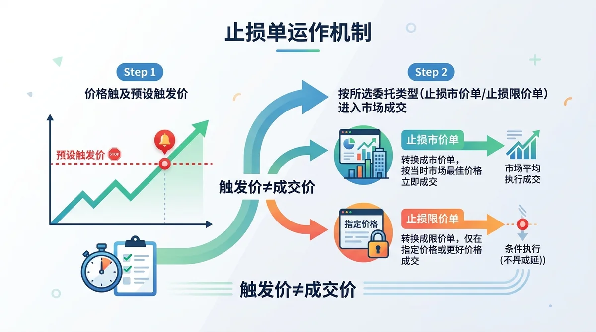 止损单两步运作信息图:第一步价格触及预设触发价,第二步按所选委托类型(止损市价单/止损限价单)进入市场成交,用箭头串联并标注'触发价≠成交价'