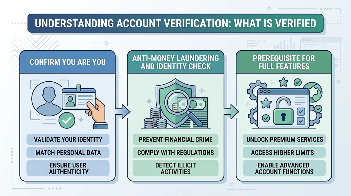 Infographic explaining what account verification verifies: three connected blocks (Confirm You Are You, Anti-Money Laundering