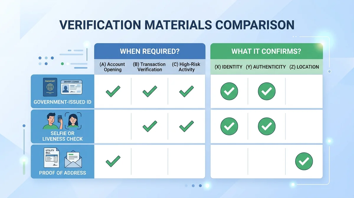 Comparison table of verification materials: rows for government-issued ID, selfie or liveness check, proof of address; column