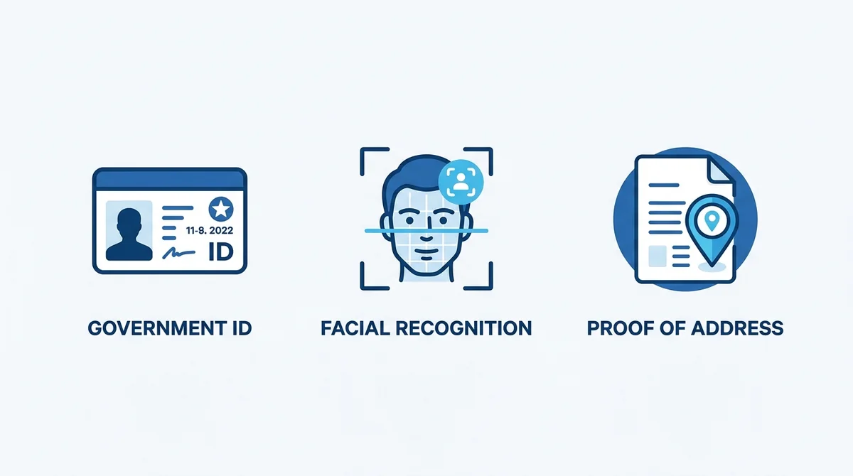 Wide 16:9 horizontal icon row on a light neutral background, three evenly spaced flat-style icons: an ID card icon captioned