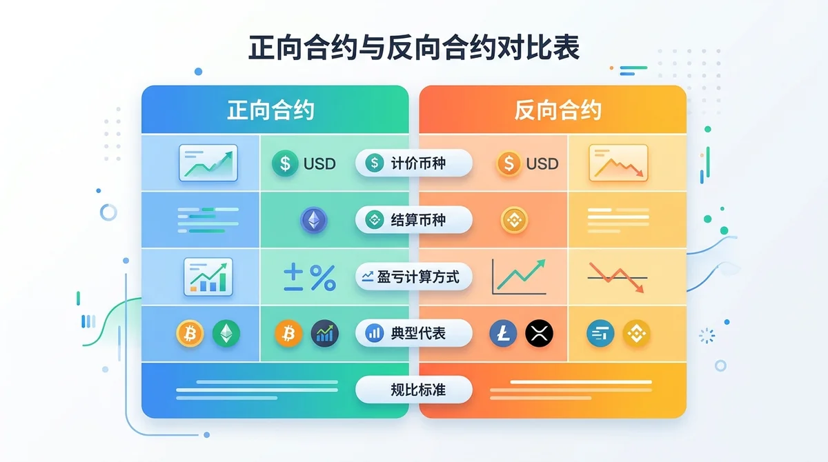 正向合约与反向合约对比表:两列分别列出计价币种、结算币种、盈亏计算方式、典型代表,用色块区分两列