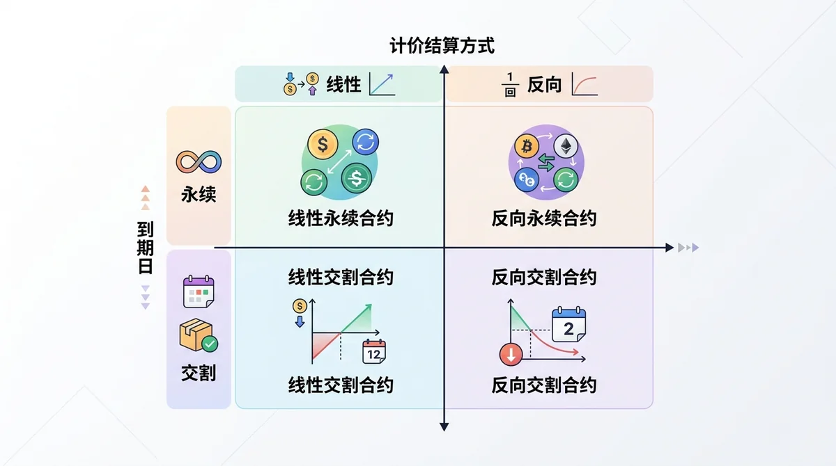 二维分类示意图:横轴为计价结算方式(线性/反向),纵轴为到期日(永续/交割),四个象限分别标注对应合约类型,说明两组概念属于不同维度