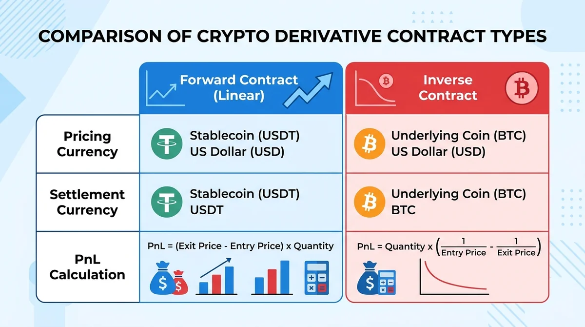 Wide 16:9 horizontal comparison table infographic, two columns titled 'Forward Contract (Linear)' and 'Inverse Contract', thr