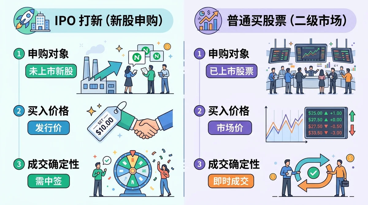 IPO 打新与普通买股票的区别对比图:左右两栏对比申购对象(未上市新股 vs 已上市股票)、买入价格(发行价 vs 市场价)、成交确定性(需中签 vs 即时成交)