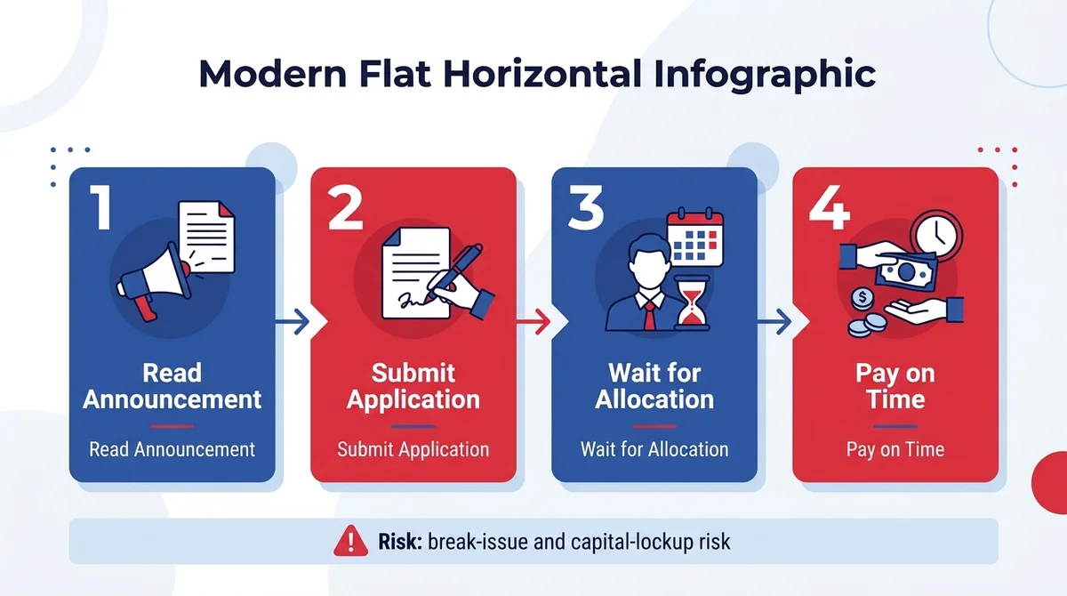 Wide 16:9 horizontal infographic, four numbered step cards connected by arrows, numbered 1 to 4, each card with a bold Englis