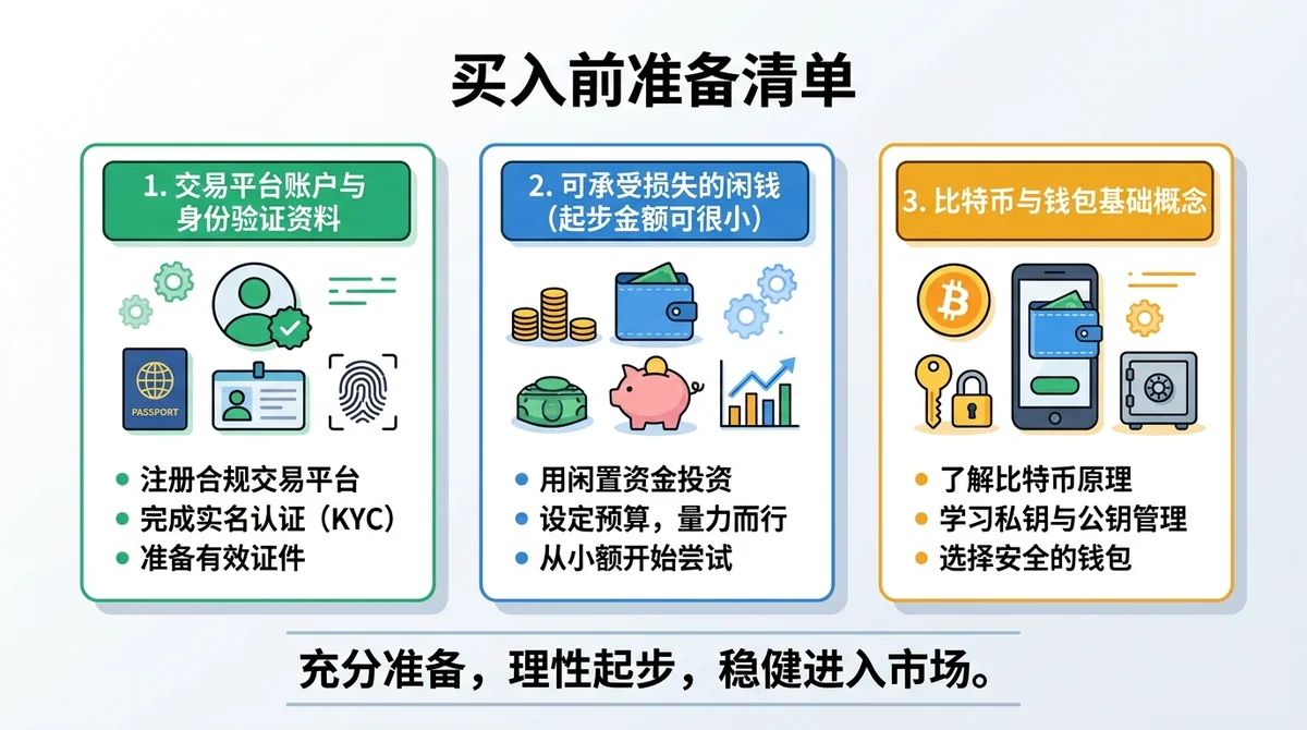 买入前准备清单信息图:三个卡片分别展示'交易平台账户与身份验证资料'、'可承受损失的闲钱(起步金额可很小)'、'比特币与钱包基础概念',底部一句结论