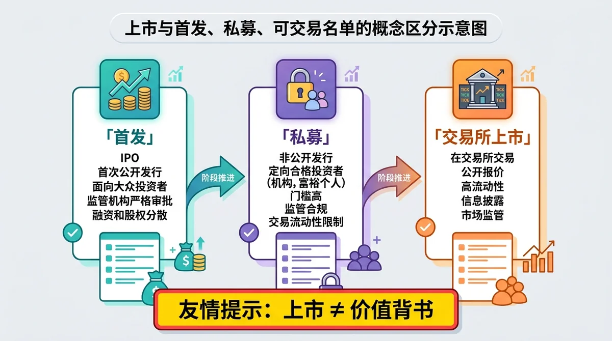 上市与首发、私募、可交易名单的概念区分示意图：三个并列方框分别说明首发、私募、交易所上市各自描述的对象，中间用箭头表示阶段推进，并标注「上市≠价值背书」的提示条