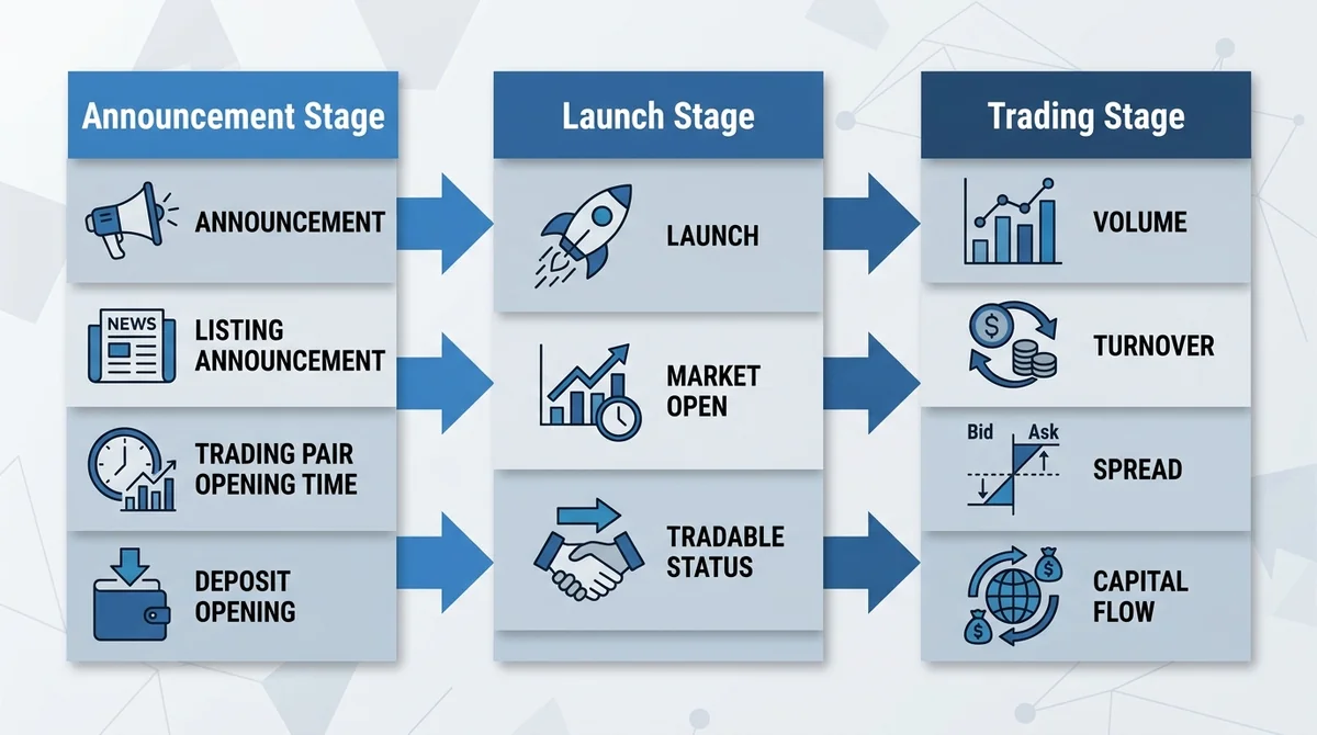 Wide 16:9 horizontal timeline infographic, three columns connected by arrows, left column labeled 'Announcement Stage' with i