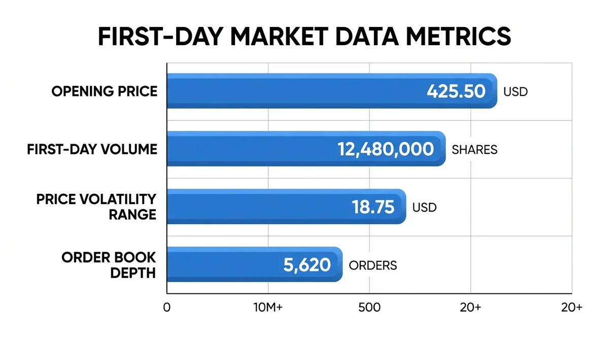 Wide 16:9 horizontal bar chart, title 'First-Day Market Data Metrics' in English, four bars labeled 'Opening Price', 'First-D