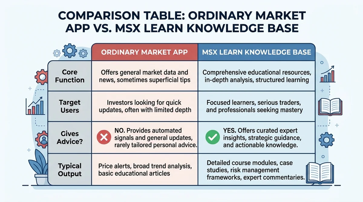 Wide 16:9 horizontal comparison table infographic, two columns headed 'Ordinary Market App' and 'MSX Learn Knowledge Base', f