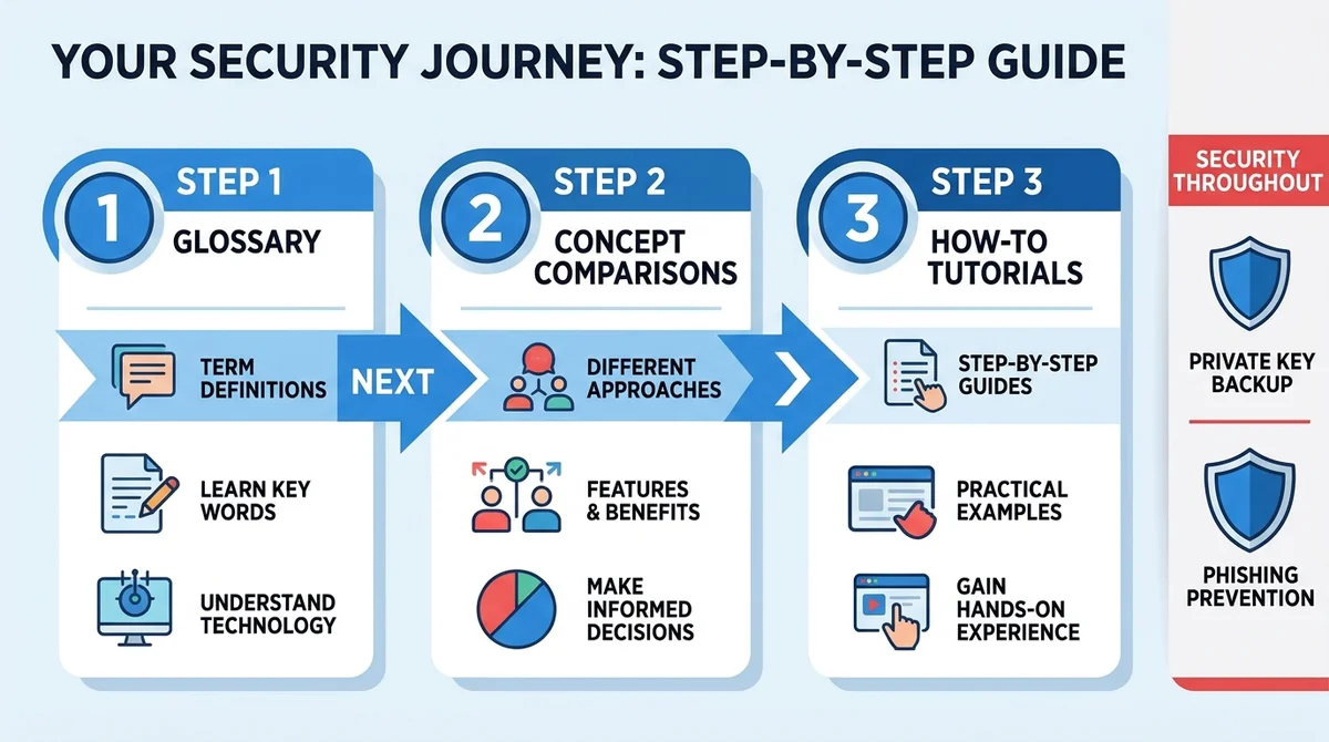 Wide 16:9 horizontal flow infographic, three numbered steps left to right labeled 'Step 1 Glossary', 'Step 2 Concept Comparis