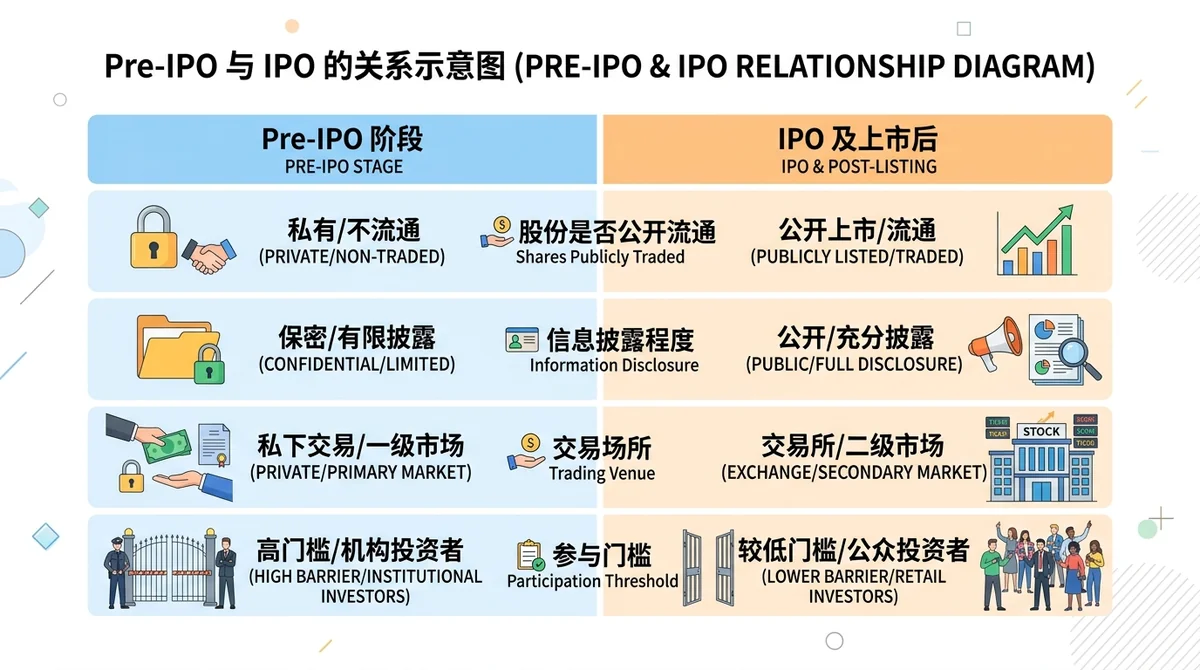 Pre-IPO 与 IPO 的关系示意图：横向对比表，两列分别为「Pre-IPO 阶段」与「IPO 及上市后」，对比维度包括股份是否公开流通、信息披露程度、交易场所、参与门槛，用图标+短标签呈现