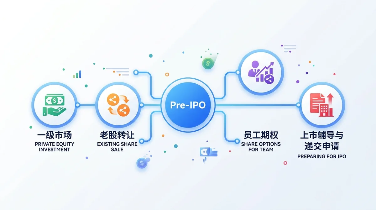 Pre-IPO 常见术语关系图：中心为「Pre-IPO」，向外发散四个术语节点——一级市场、老股转让、员工期权、上市辅导与递交申请，每个节点配一句英文短释义与简洁图标